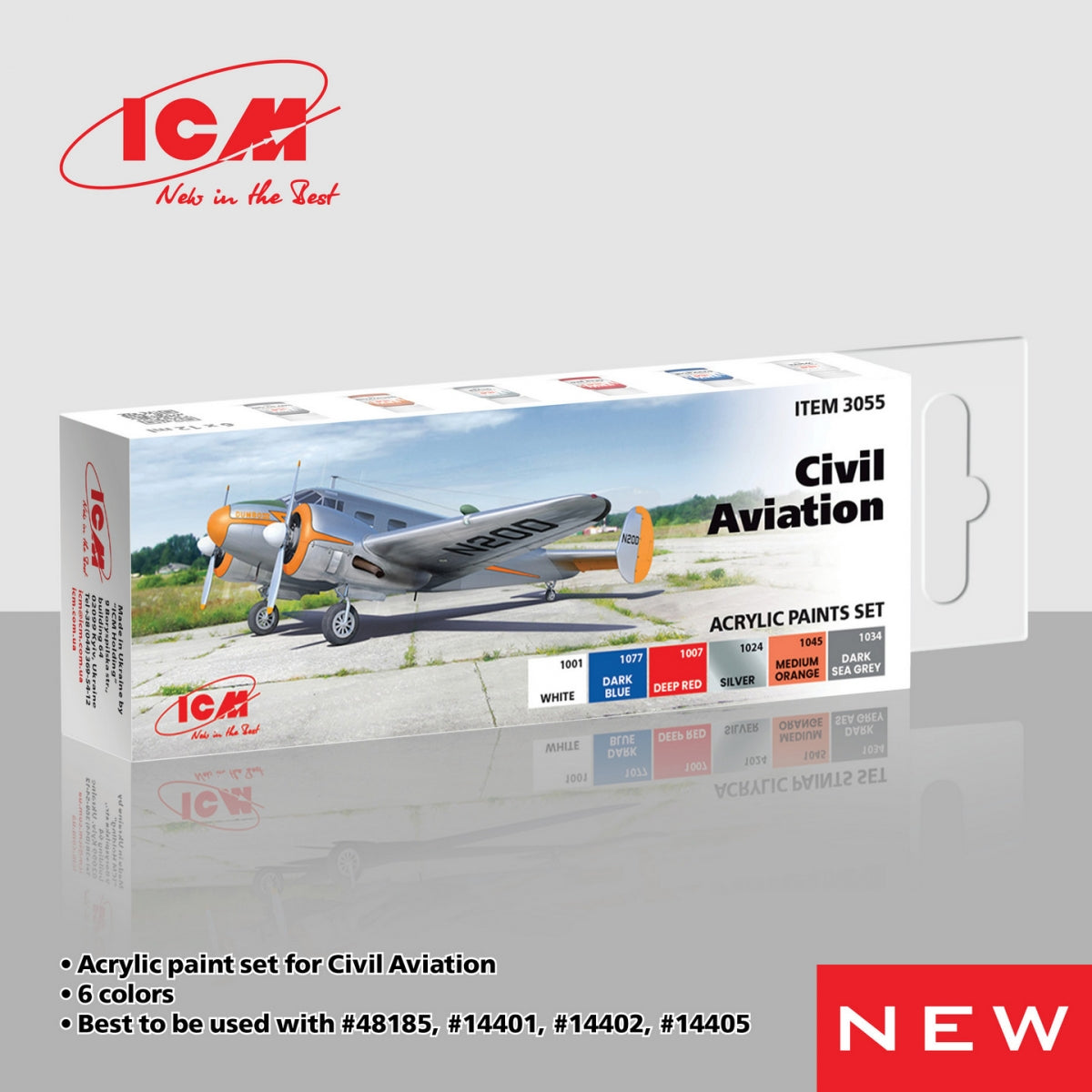 Coffret de 6 peintures acryliques ICM 3055 pour l&amp;#39;aviation civile, 12 ml chacune