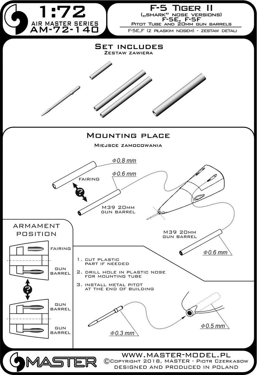 Master AM-72-140 F-5 Tiger II « Freedom Fighter » (version nez plat) - F-5A, E, F - kit de détails - Tube Pitot et canons de 20 mm 1/72 – image 3