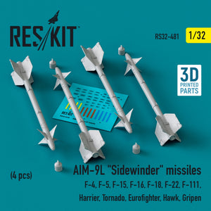 Missiles AIM-9L « Sidewinder » RESKIT RS32-0481 (4 pièces) (Impression 3D) 1/32