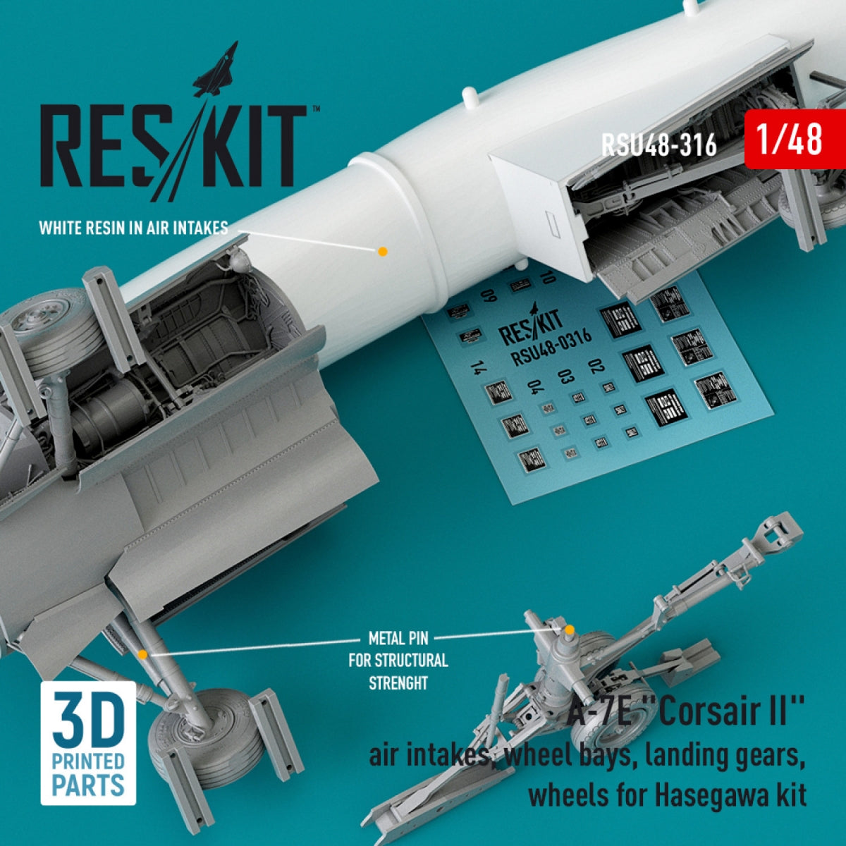 RESKIT RSU48-0316 A-7E « CORSAIR II » : prises d&amp;#39;air, puits de train d&amp;#39;atterrissage, trains d&amp;#39;atterrissage, roues pour maquette Hasegawa (impression 3D) au 1/48 – Bild 2