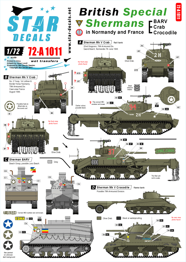 Star Decals 72-A1011 Shermans spéciaux britanniques BARV, Crabe, Crocodile 1/72