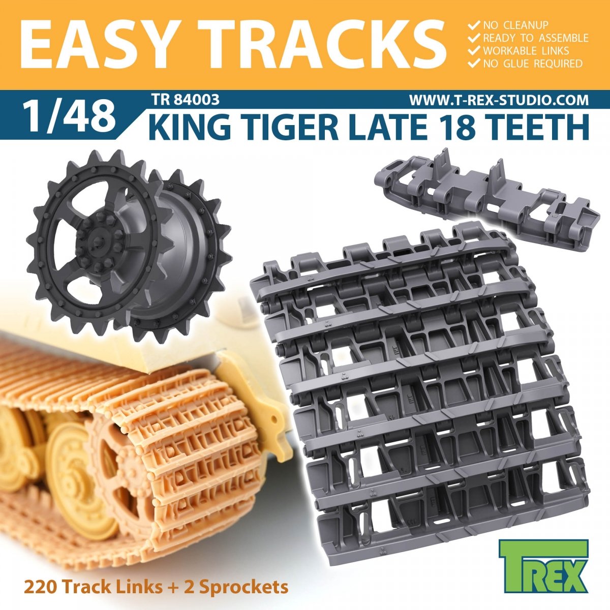 T-Rex Studio TR84003 Chenilles King Tiger Late 18 dents avec pignons 1/48