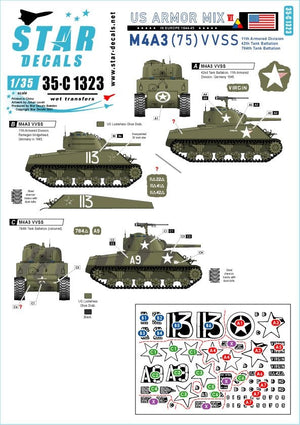 Star Decals 35-C1323 US Armor Mix n° 6. M4A3 (75) W Sherman en Europe 1944-45 1/35