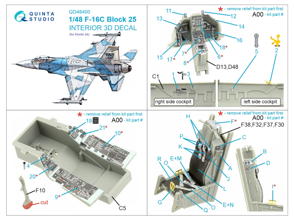 Intérieur imprimé en 3D et coloré sur papier décalcomanie pour le F-16C Block 25 de Quinta Studio QD48400 (outillage Kinetic 2022), échelle 1/48 – immagine 2