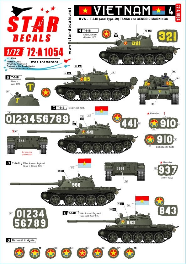 Star Decals 72-A1054 Vietnam n° 4. Marquages ​​NVA pour T-54B nord-vietnamien, échelle 1/72