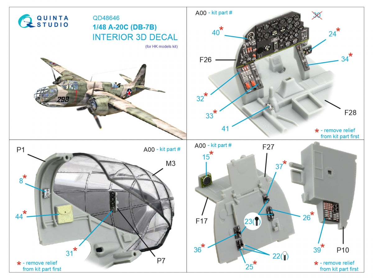 Quinta Studio QD48646 A-20C Havoc (DB-7B) 3D-Printed &amp; coloured Interior on decal paper (HK models) 1/48