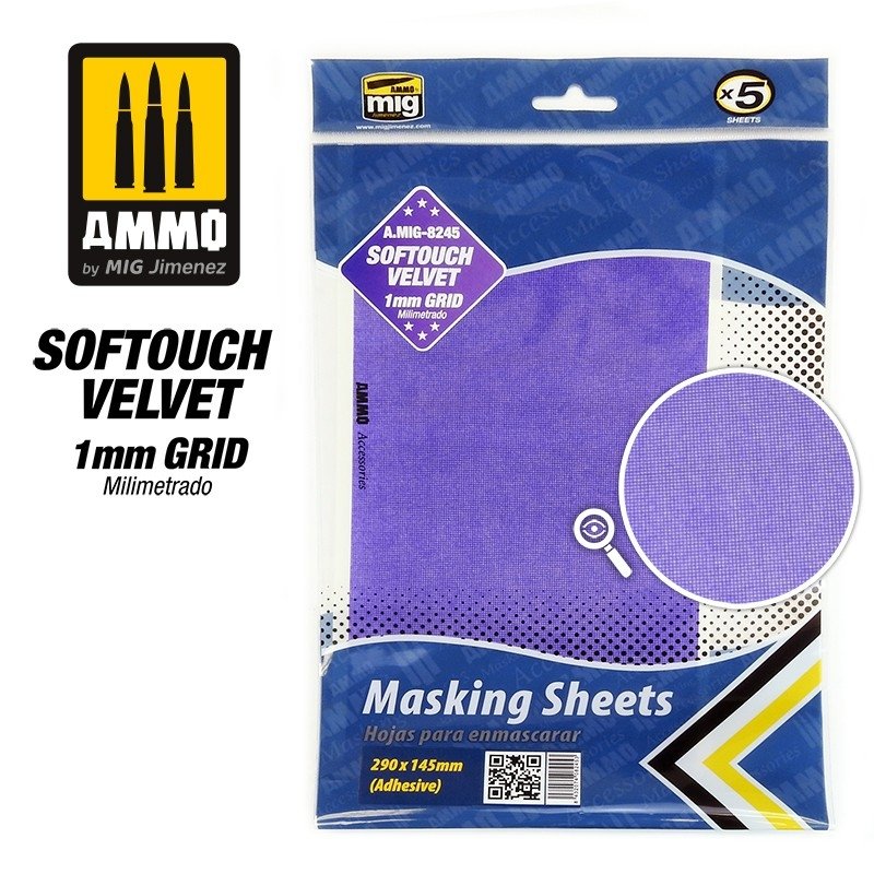 Feuille de masquage AMMO of Mig Jimenez 8245 SOFTOUCH VELVET, grille de 1 mm, 290 x 145