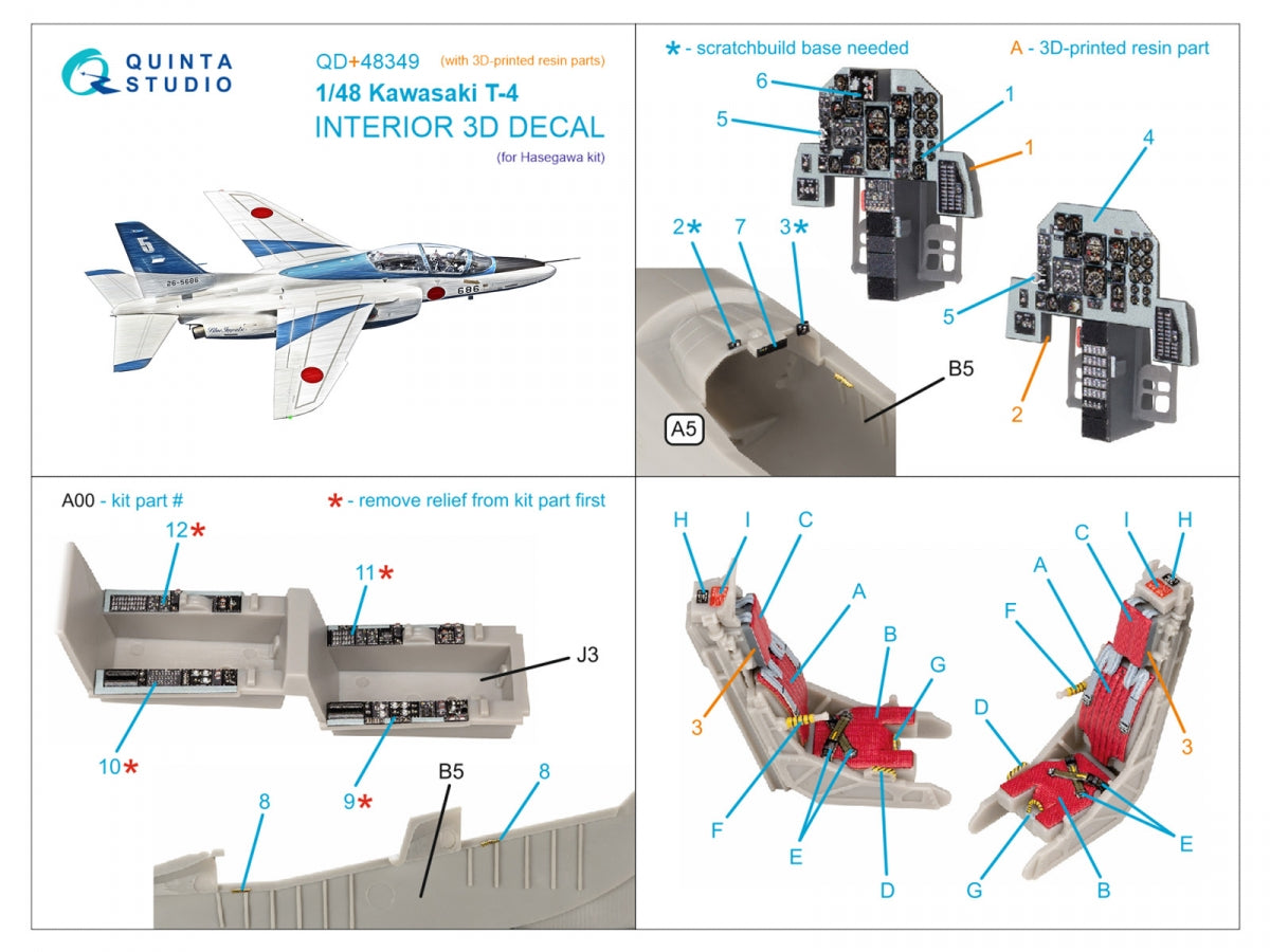 Intérieur imprimé et coloré en 3D sur papier décalcomanie (Hasegawa) de la Kawasaki T-4 (Quinta Studio QD+48349) (avec pièces en résine imprimées en 3D) 1/48 – image 2