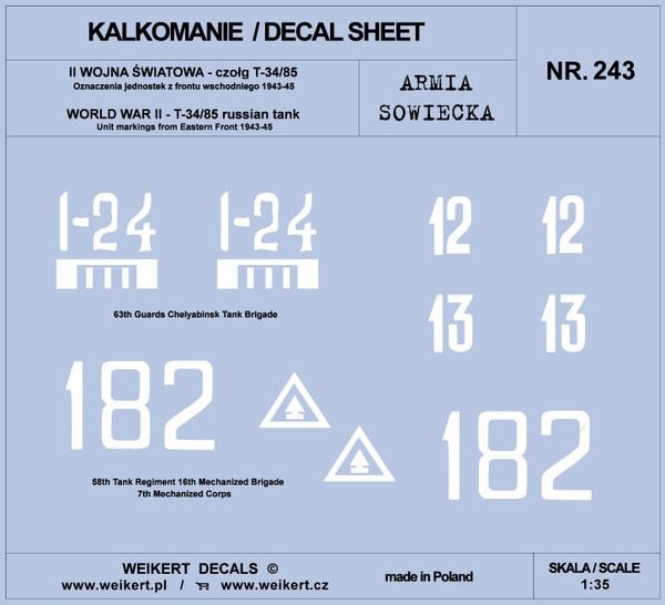 Weikert Decal DEC243 Armée Soviétique - TANK T-34/85 - Front de l'Est 1943-45 - vol.2 1/35
