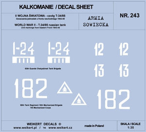 Weikert Decal DEC243 Armée Soviétique - TANK T-34/85 - Front de l&amp;#39;Est 1943-45 - vol.2 1/35