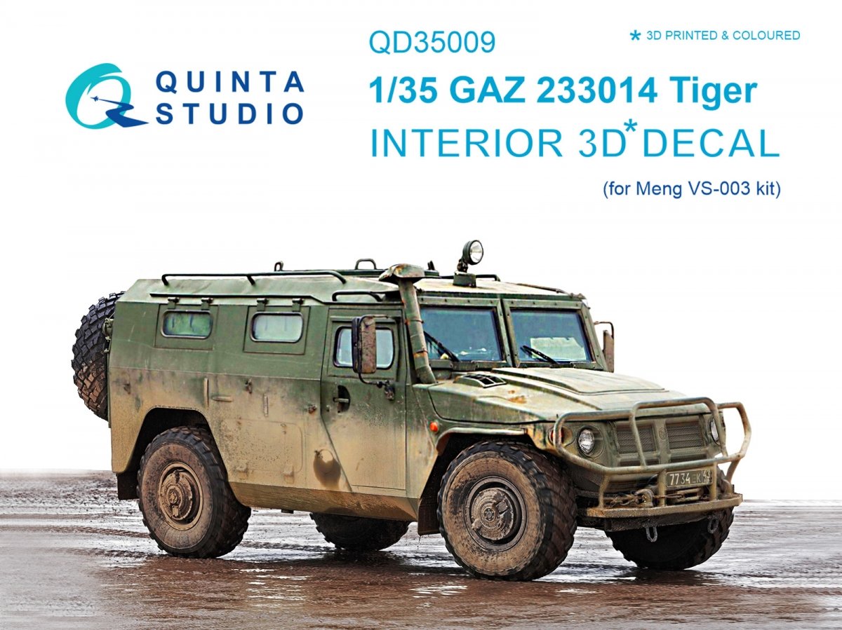 Intérieur imprimé en 3D et coloré sur papier décalcomanie pour maquettes Meng (QD35009 de la famille GAZ Tiger) au 1/35