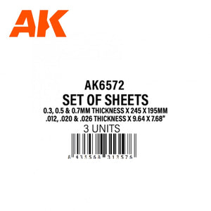AK Interactive AK6572 0.3, 0.5 &amp;amp; 0.7MM THICKNESS X 245 X 195MM – STYRENE SHEET SET- (3 UNITS) – zdjęcie 2