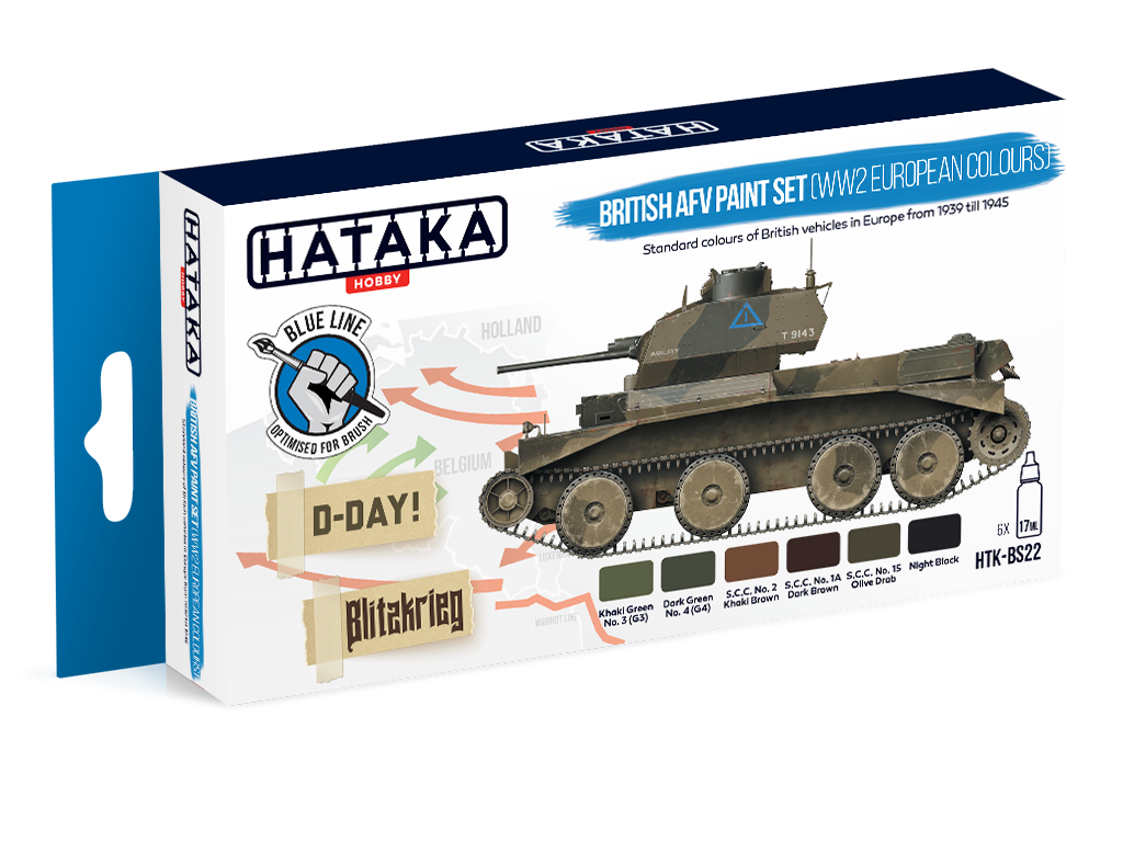 Hataka HTK-BS22 BLUE LINE – Coffret de peinture pour véhicules blindés britanniques (couleurs européennes de la Seconde Guerre mondiale) 6 x 17 ml