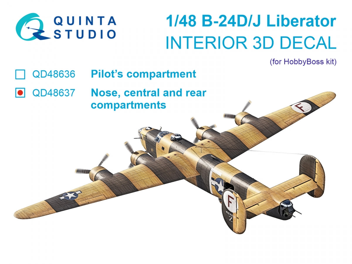 Quinta Studio QD48637 B-24D/B-24J Liberator. Nose, central and rear compartments. 3D-Printed & coloured Interior on decal paper ( HobbyBoss ) 1/48