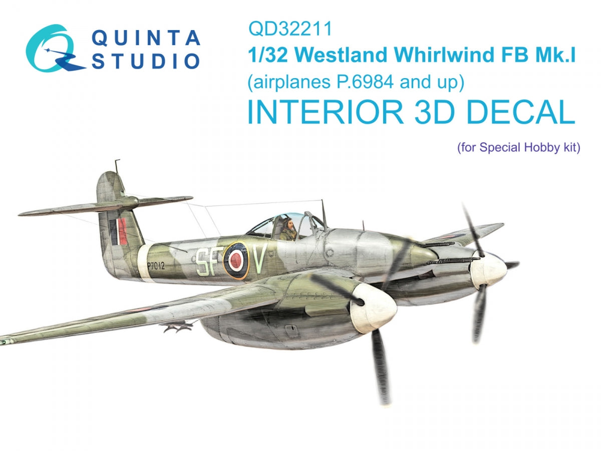 Intérieur imprimé en 3D et coloré sur papier décalcomanie Quinta Studio QD32211 Westland Whirlwind FB Mk.I (Special Hobby) 1/32