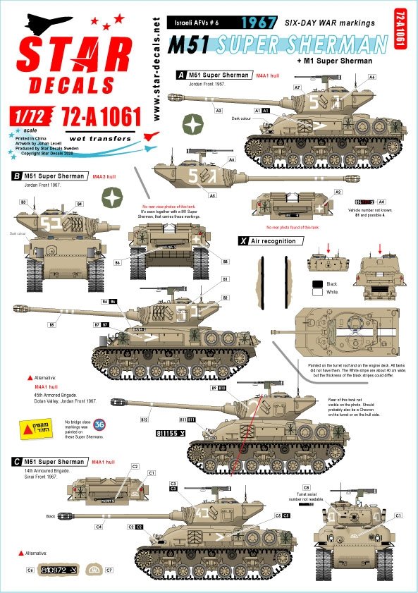 Star Decals 72-A1061 Marquages ​​pour véhicules blindés israéliens n° 6 (1960 et Guerre des Six Jours). M51 Super Sherman + M1 Super Sherman /72