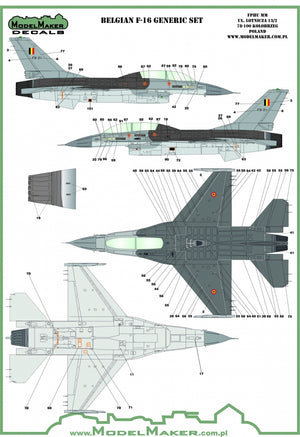 Décalcomanies ModelMaker D48174 Insignes et pochoirs belges pour F-16 - Jeu générique 1/48