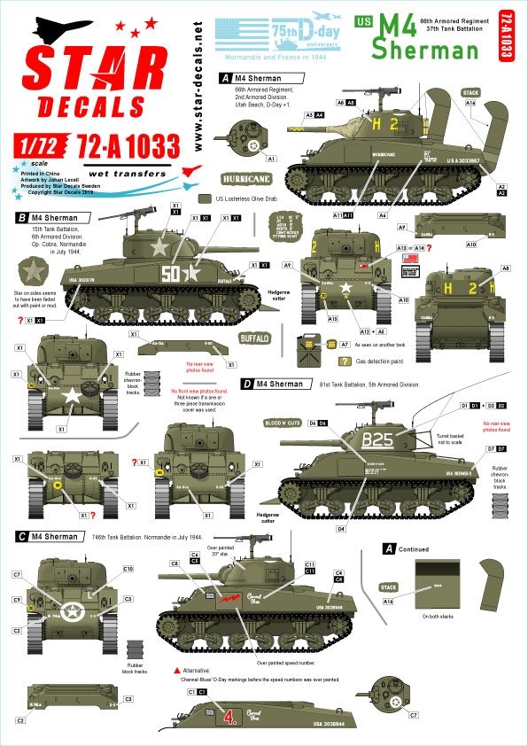 Star Decals 72-A1033 US M4 Sherman. Échelle 1/72