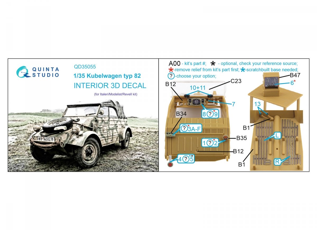 Intérieur imprimé en 3D et coloré sur papier décalcomanie Quinta Studio QD35055 Kubelwagen type 82 (Italeri) 1/35 – immagine 2