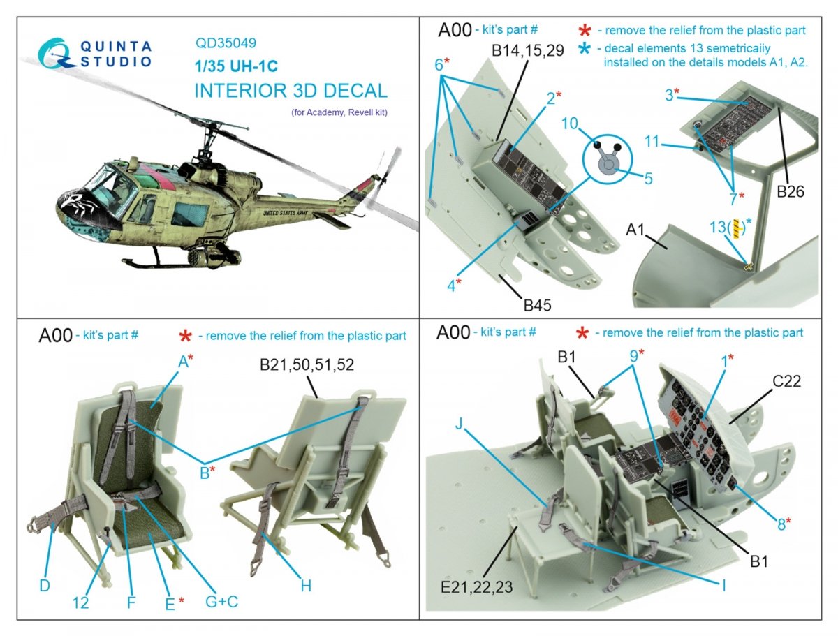 Intérieur imprimé en 3D et coloré sur papier décalcomanie Quinta Studio QD35049 UH-1C (Academy) 1/35 – image 2