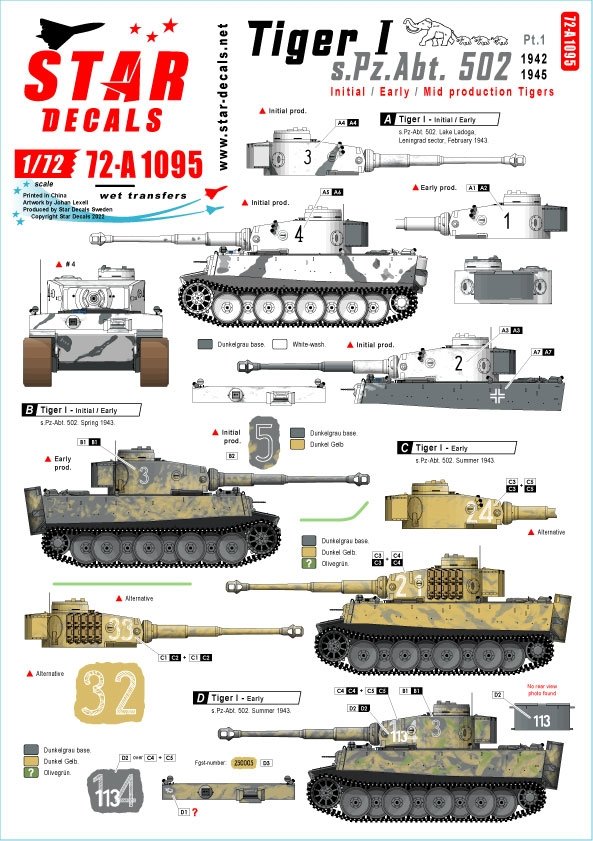 Star Decals 72-A1095 Tiger I. sPzAbt 502 n° 1. Tigers de production initiale / début / milieu de production. Échelle 1/72