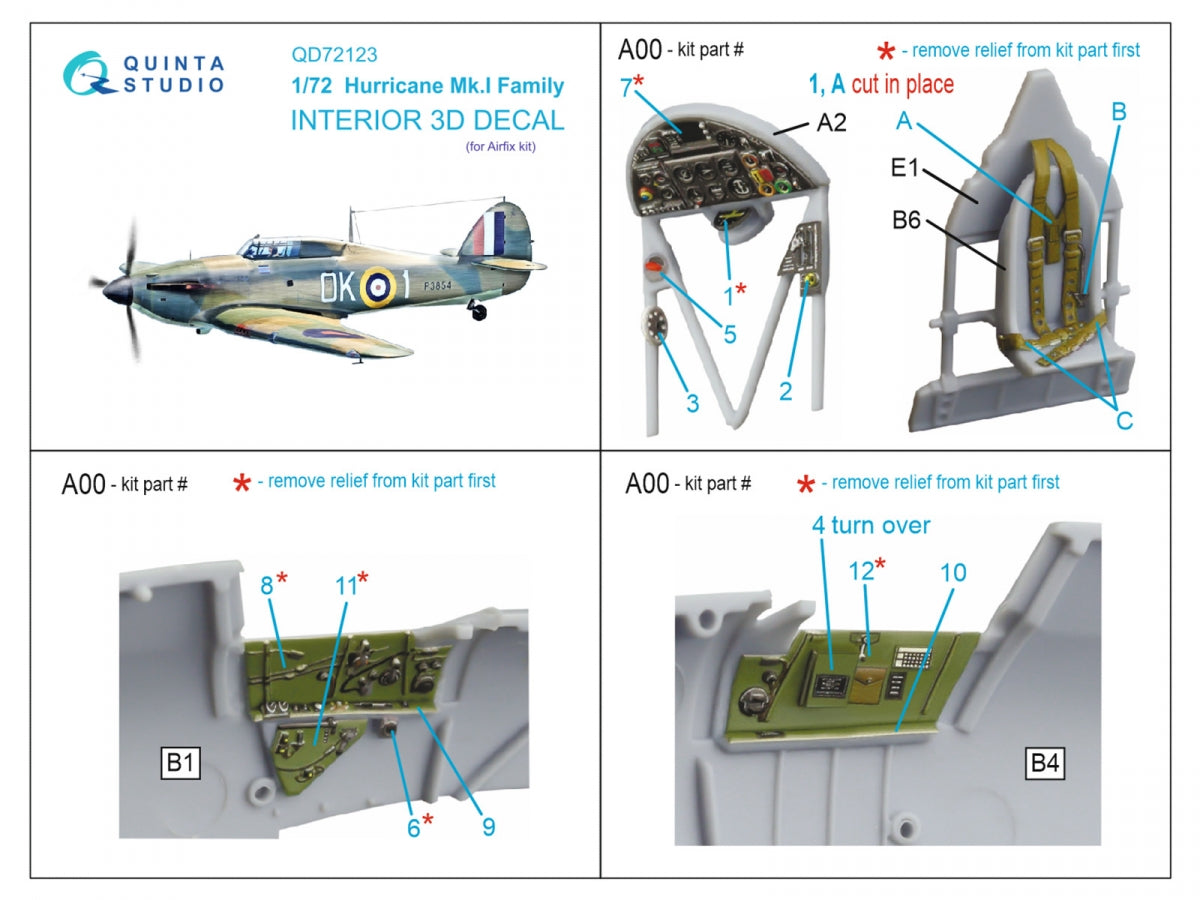 Intérieur coloré imprimé en 3D sur papier décalcomanie pour la famille Hurricane Mk.I de Quinta Studio QD72123 (Airfix) à l&amp;#39;échelle 1/72 – image 2