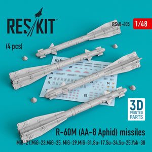 RESKIT RS48-0405 MISSILES R-60М (AA-8 APHID) (4 PCS) (MIG-21,MIG-23,MIG-25, MIG-29,MIG-31,SU-17,SU-24,SU-25,YAK-38) (IMPRESSION 3D) 1/48