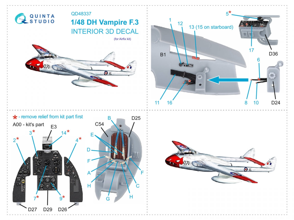 Quinta Studio QD48337 DH Vampire F.3 3D-Printed coloured Interior on decal paper (Airfix) 1/48 – zdjęcie 2