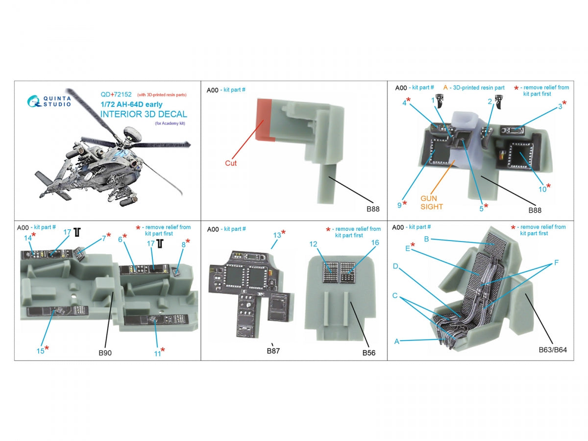 Quinta Studio QD+72152 AH-64D, intérieur coloré imprimé en 3D sur papier décalcomanie (Academy) (avec pièce en résine imprimée en 3D), échelle 1/72 – image 2