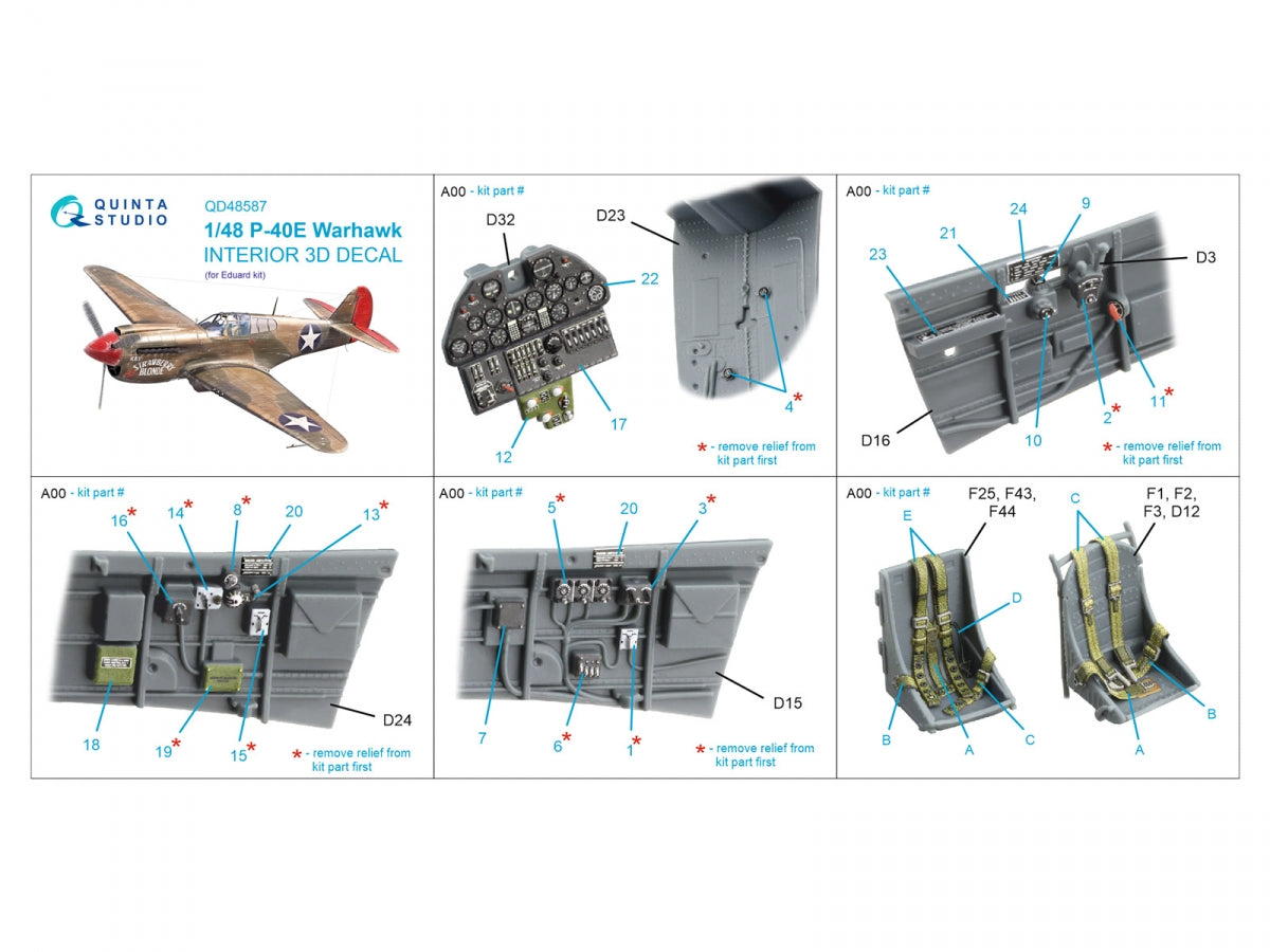 Intérieur imprimé en 3D et coloré sur papier décalcomanie Quinta Studio QD48587 P-40E Warhawk (Eduard) 1/48 – image 15