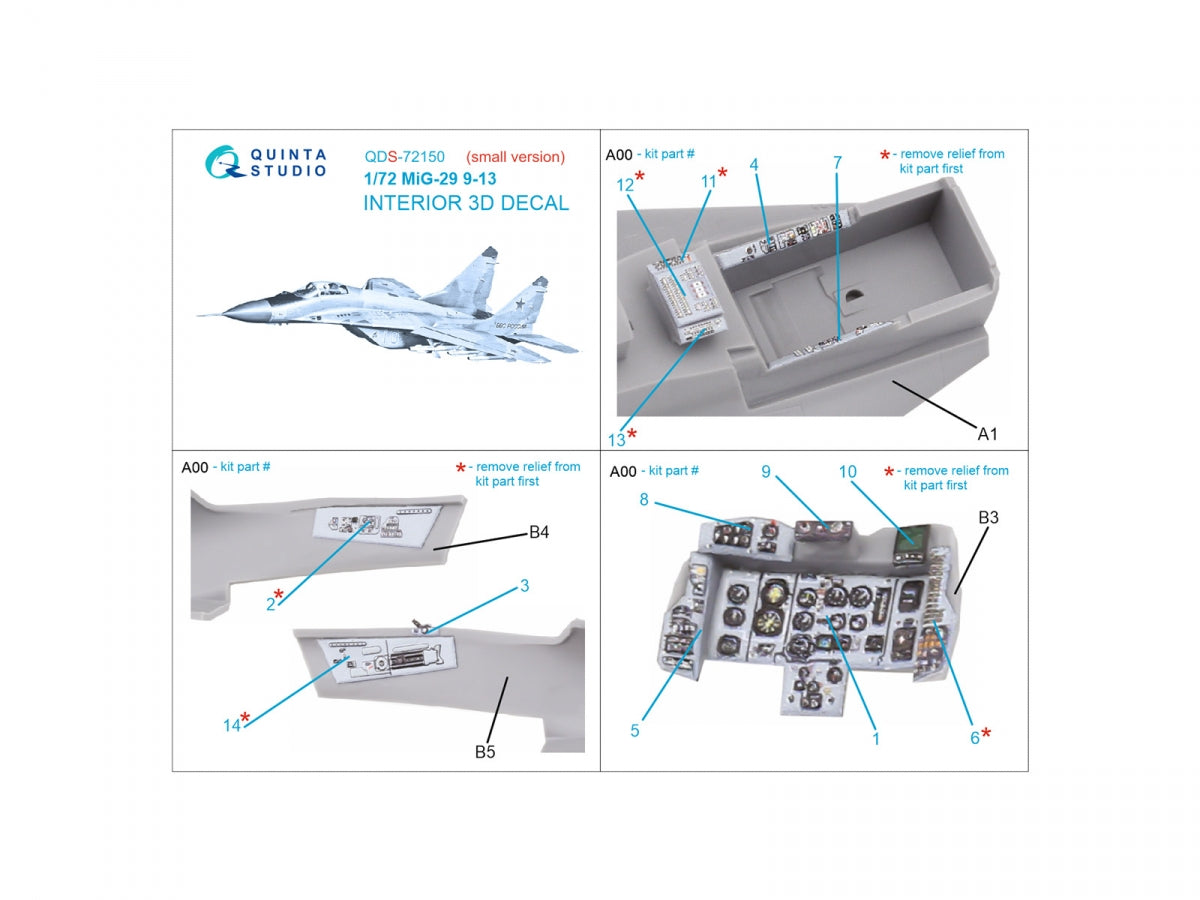 Quinta Studio QDS-72150 Mig-29 9-13 Intérieur coloré imprimé en 3D sur papier décalcomanie (7278 Zvezda) 1/72  – Bild 2