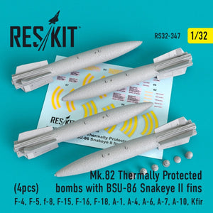 RESKIT RS32-0347 MK.82 BOMBES THERMIQUEMENT PROTÉGÉES AVEC AILETTES BSU-86 SNAKEYE II (4 PIÈCES) 1/32