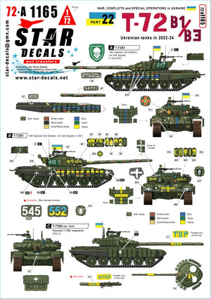 Star Decals 72-A1165 Guerre en Ukraine 22 T-72B1 et T-72B3 ukrainiens 1/72