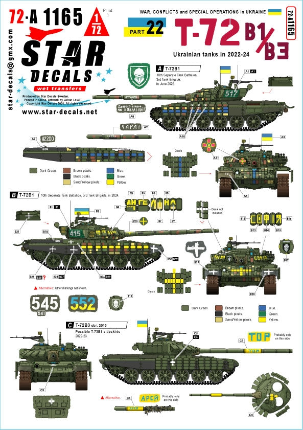 Star Decals 72-A1165 Guerre en Ukraine 22 T-72B1 et T-72B3 ukrainiens 1/72