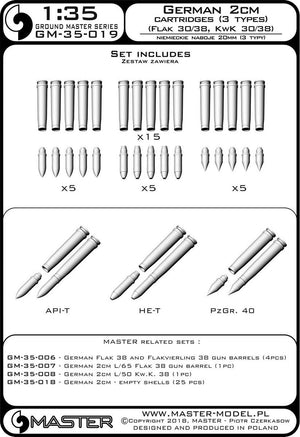 Master GM-35-019 Munitions allemandes de 2 cm (cal. 20x138B) pour canons Flak 30/38, KwK 30/38 - obus (15 pièces) et 3 types de projectiles (5 pièces de chaque type) (1/35) – immagine 4