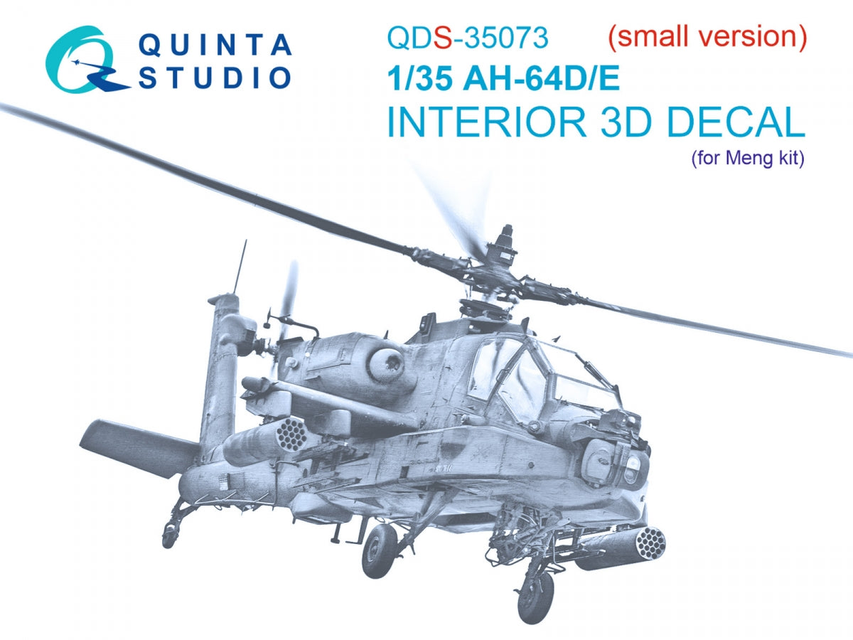 Intérieur imprimé en 3D et coloré sur papier décalcomanie Quinta Studio QDS-35073 AH-64D/E (Meng) (petite version) 1/35