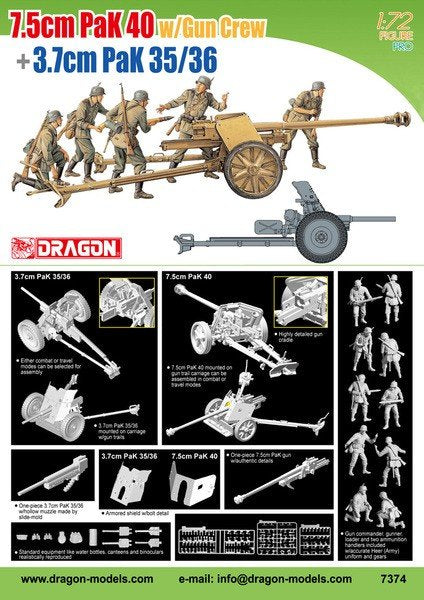 Dragon 7374 Canons antichars allemands 7,5 cm PaK40 avec équipage et 3,7 cm PaK 35/36 (1/72)
