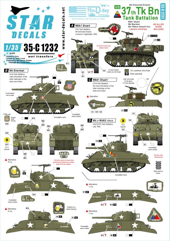 Star Decals 35-C1232 37e bataillon de chars américain 1/35