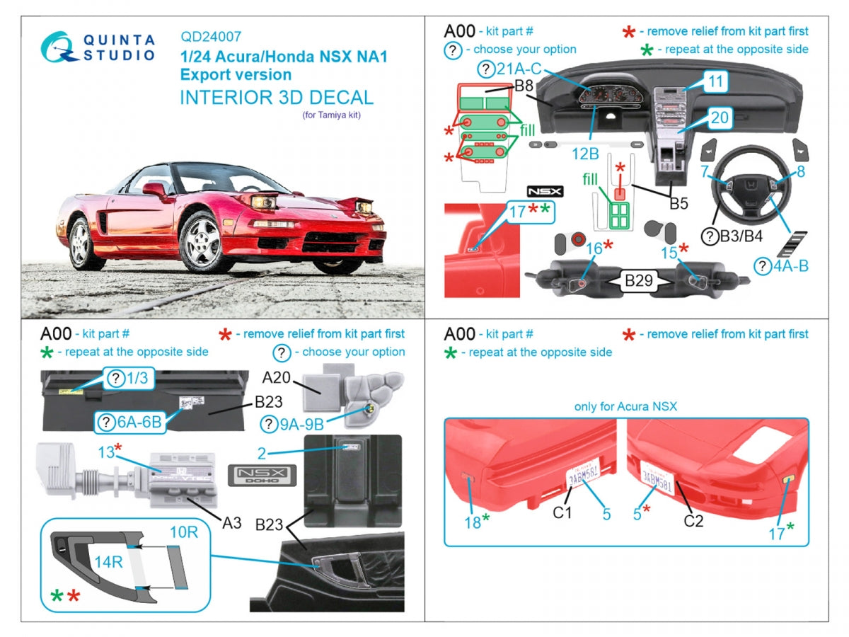 Quinta Studio QD24007 Acura-Honda NSX NA1 Export version 3D-Printed &amp;amp; coloured Interior on decal paper (Tamiya) 1/24 – zdjęcie 2