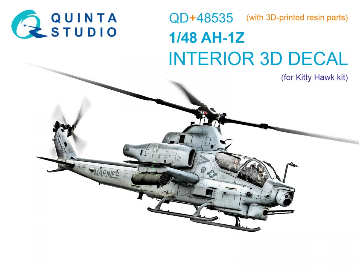 Intérieur imprimé en 3D et coloré sur papier décalcomanie (KittyHawk) pour AH-1Z Zulu Cobra/Viper de Quinta Studio QD+48535 (avec pièces en résine imprimées en 3D) à l'échelle 1/48