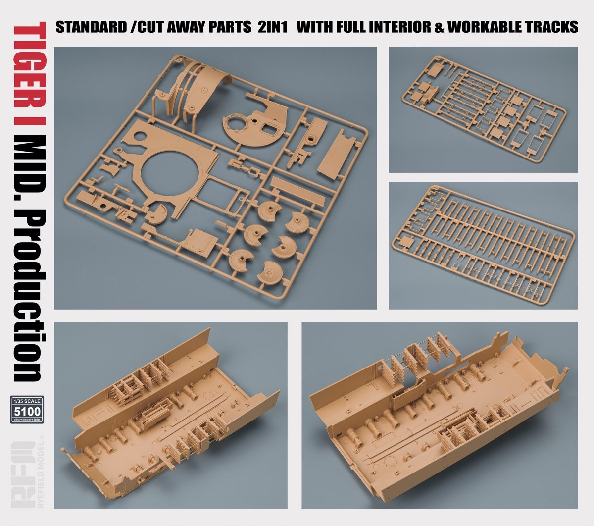 Rye Field Modèle 5100 TIGER I MID. Production STANDARD/PIÈCES À COUPER 2 EN 1 AVEC INTÉRIEUR COMPLET ET CHENILLES FONCTIONNELLES 1/35 – image 4