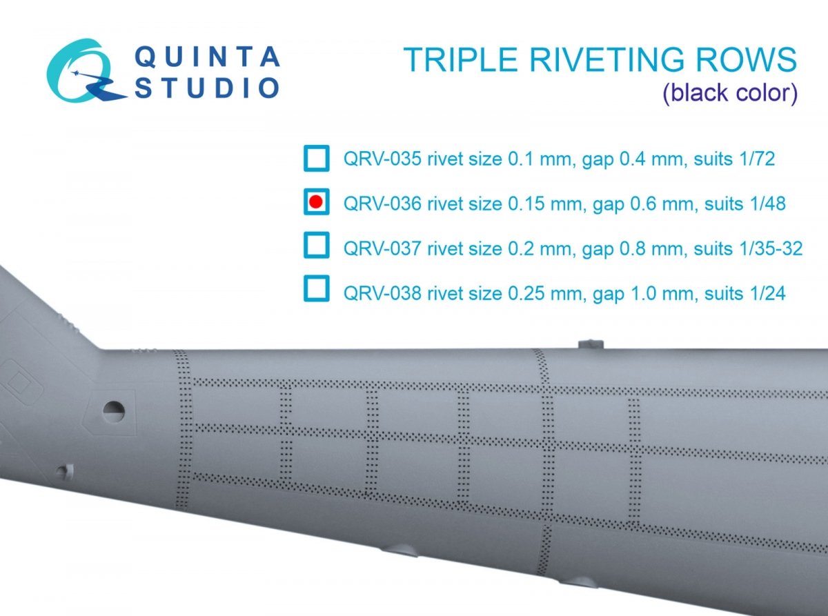 Rangées de rivets triples Quinta Studio QRV-036 (taille des rivets : 0,15 mm, écartement : 0,6 mm, convient à l’échelle 1/48), couleur noire, longueur totale : 4,4 m / 14 pi