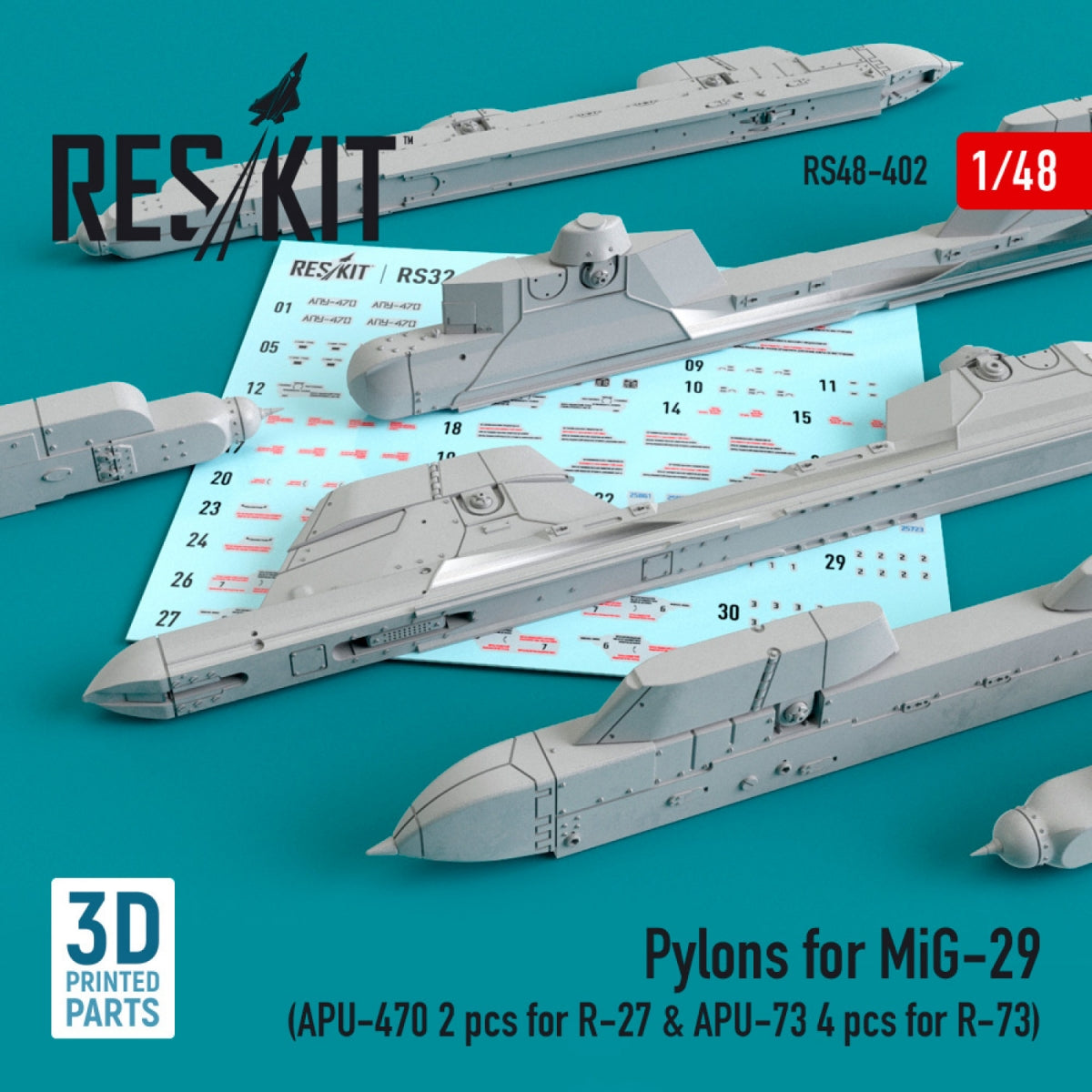 RESKIT RS48-0402 PYLÔNES POUR MIG-29 (APU-470 2 PIÈCES POUR R-27 &amp; APU-73 4 PIÈCES POUR R-73) 1/48