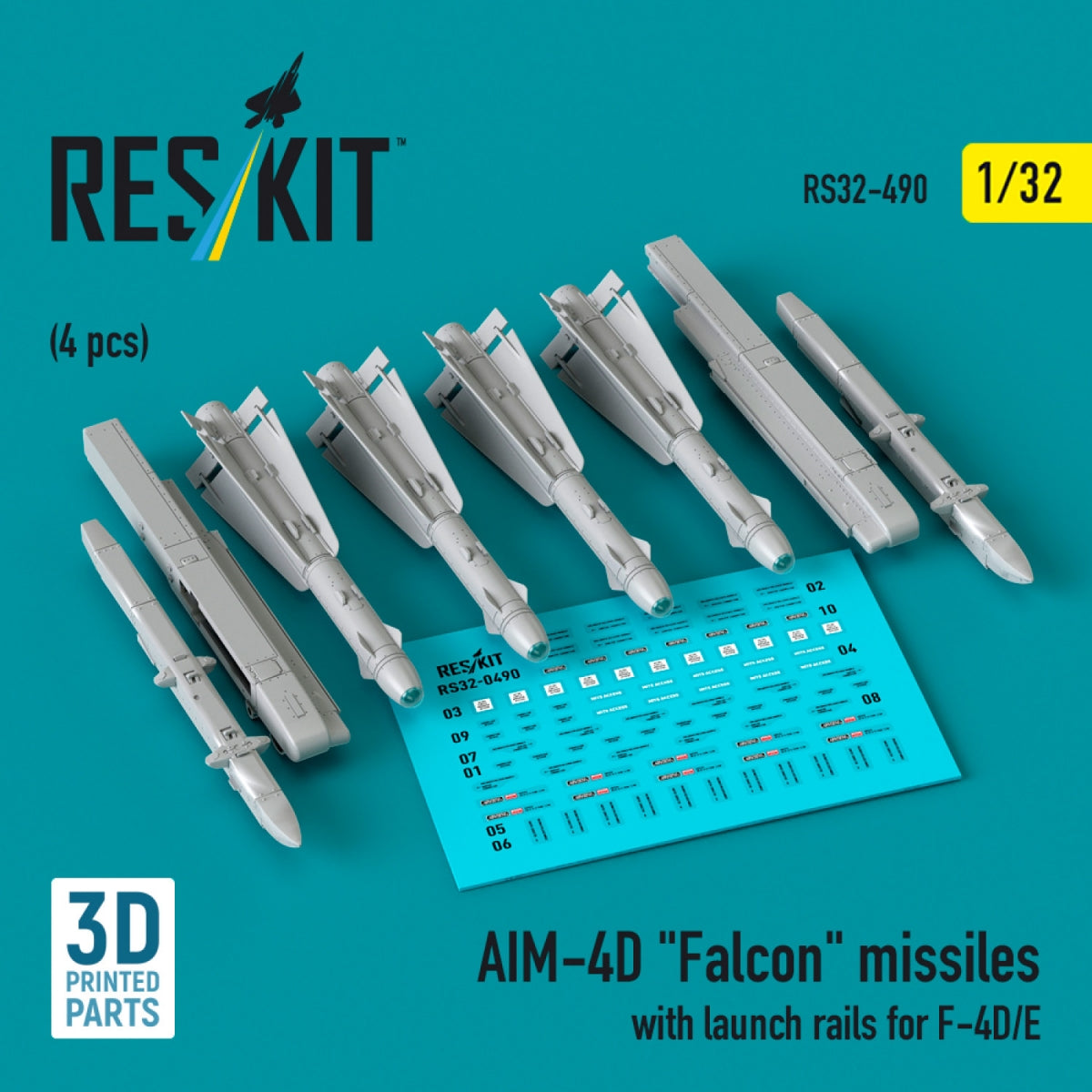 RESKIT RS32-0490 Missiles AIM-4D « Falcon » avec rails de lancement pour F-4D/E (4 pièces) (Impression 3D) 1/32