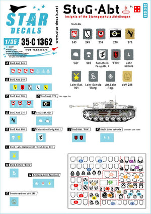 Star Decals 35-C1362 StuG-Abt 4 Insignes et marquages ​​d&amp;#39;unité génériques pour les unités Sturmgeschütz 1/35
