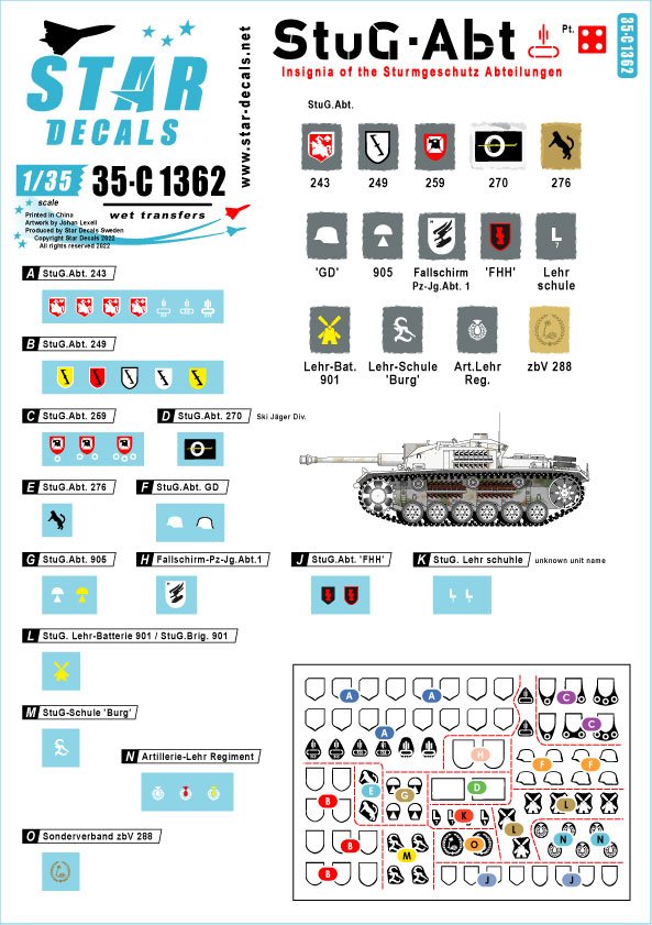 Star Decals 35-C1362 StuG-Abt 4 Insignes et marquages ​​d&amp;#39;unité génériques pour les unités Sturmgeschütz 1/35