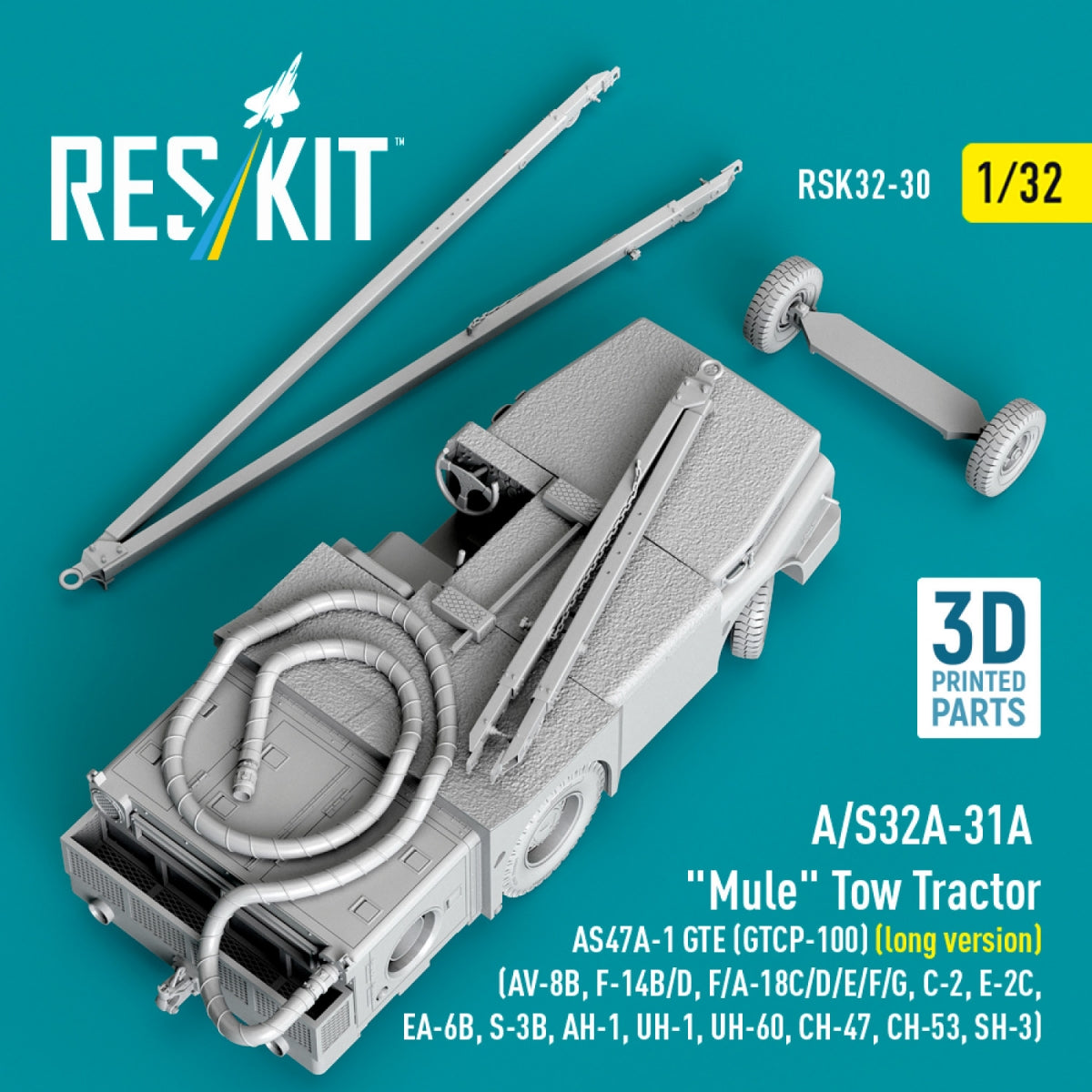 RESKIT RSK32-0030 A/S32A-31A "Mule" Tow Tractor AS47A-1 GTE (GTCP-100) (long version) (AV-8B, F-14B/D, F/A-18C/D/E/F/G, C-2, E-2С, EA-6B, S-3B, AH-1, UH-1, UH-60, CH-47, CH-53, SH-3) (3D Printed model kit) 1/32