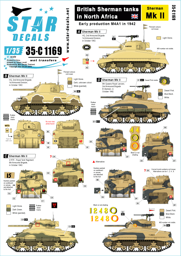 Star Decals 35-C1169 Sherman Mk II, première production de 1942, échelle 1/35