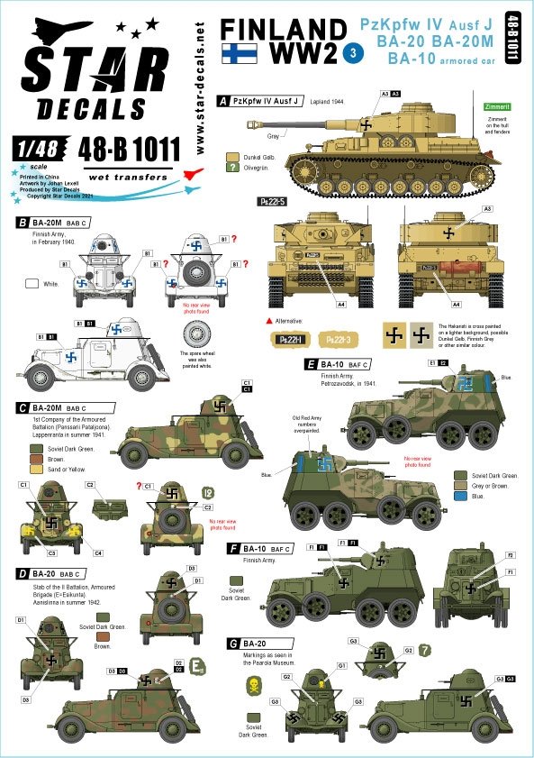 Star Decals 48-B1011 Finlande Seconde Guerre mondiale n° 3. PzKpfw IV Ausf J, BA-10M et BA-20M 1/48