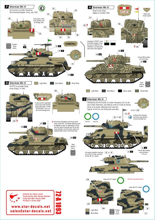 Star Decals 72-A1093 : Chars Sherman britanniques en Italie. Sherman Mk IIA (76 mm), Sherman Mk III, Sherman Mk III DD. Échelle 1/72. – immagine 3
